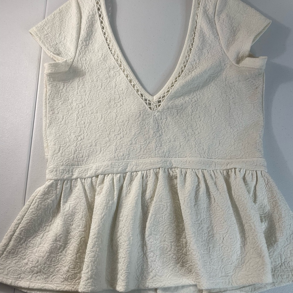 Free People White Textured Peplum Top Open Back Boho Size L